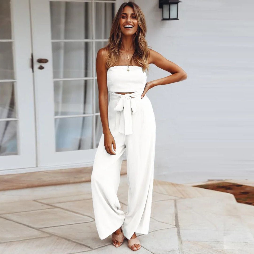 Women's Strapless Wide Leg Jumpsuit Tie Waist