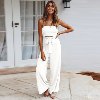 Women's Strapless Wide Leg Jumpsuit Tie Waist