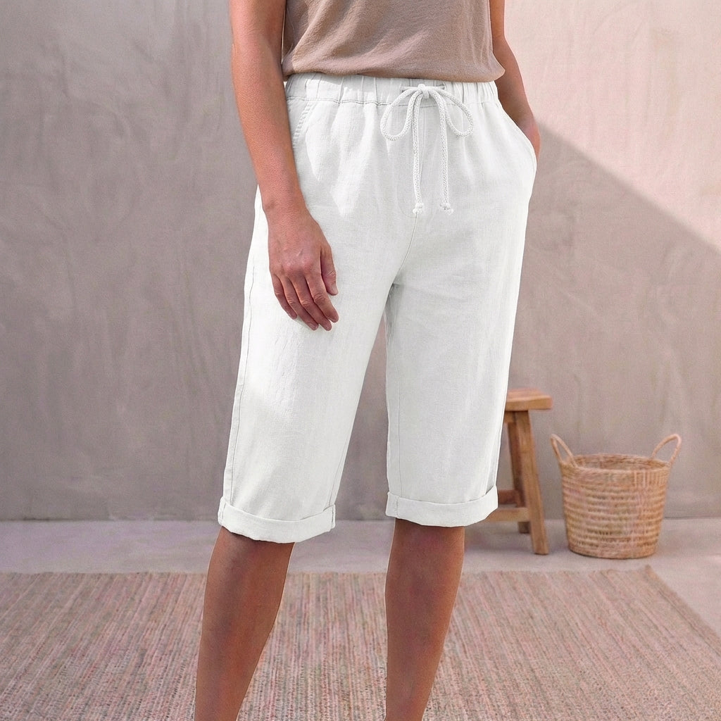 Linen Capri Pants Relaxed Fit Drawstring Waist Cuffed Hem