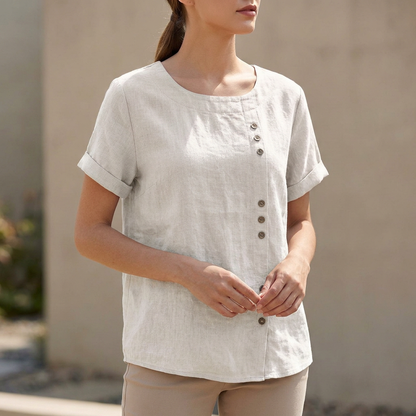 Women's Relaxed Fit Short Sleeve Blouse Asymmetric Button Detail - 
Fashinoza