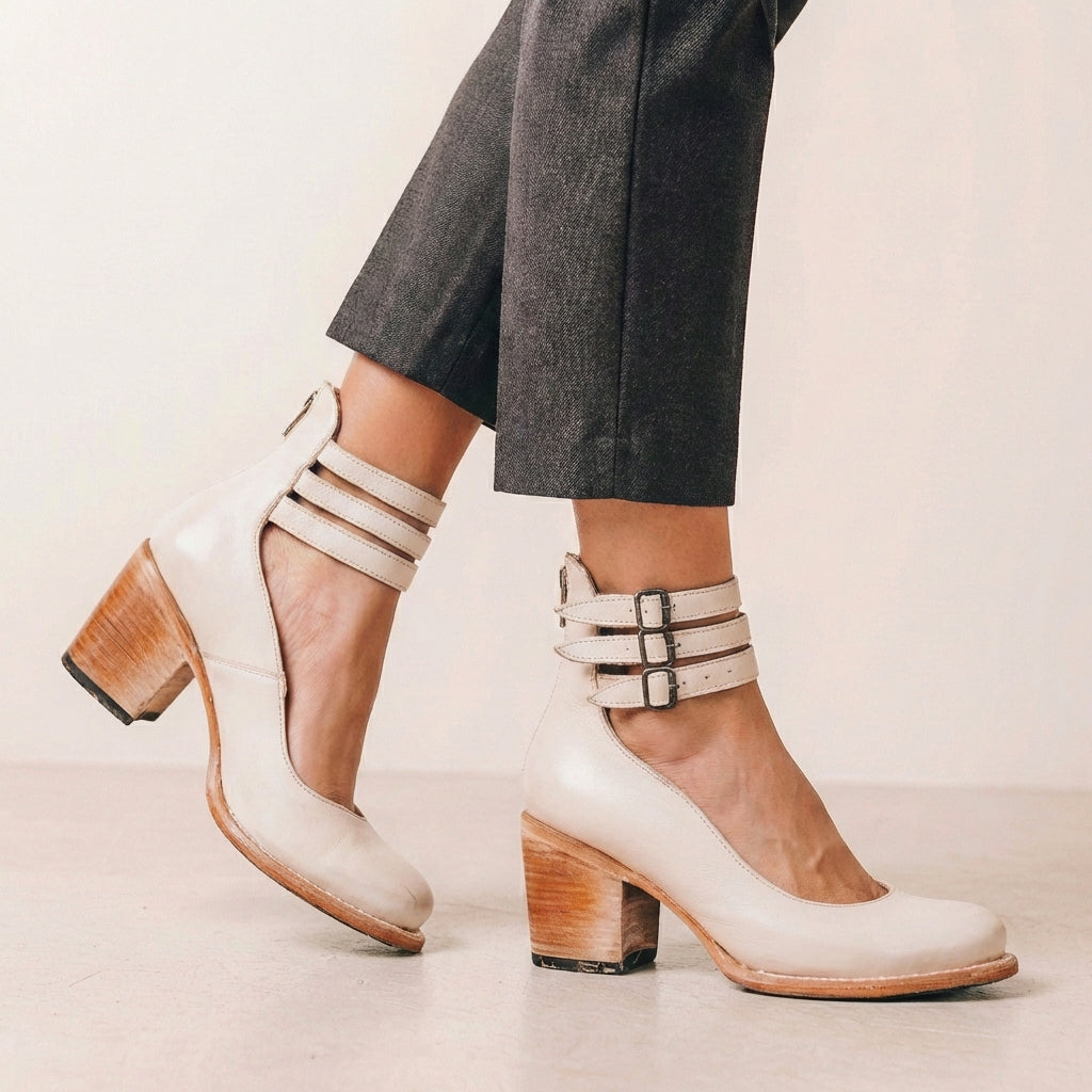 Vegan Leather Block Heel Pumps With Buckle Ankle Strap