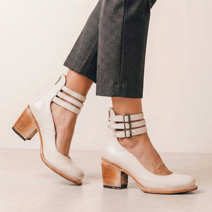 Vegan Leather Block Heel Pumps With Buckle Ankle Strap