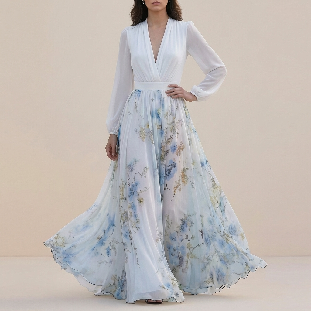Women's Chiffon Maxi Dress Floral Belted Waist - 
Fashinoza
