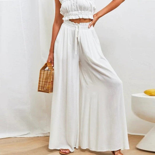 Women's High Waist Smocked Pants Wide Leg Drawstring - Fashinoza