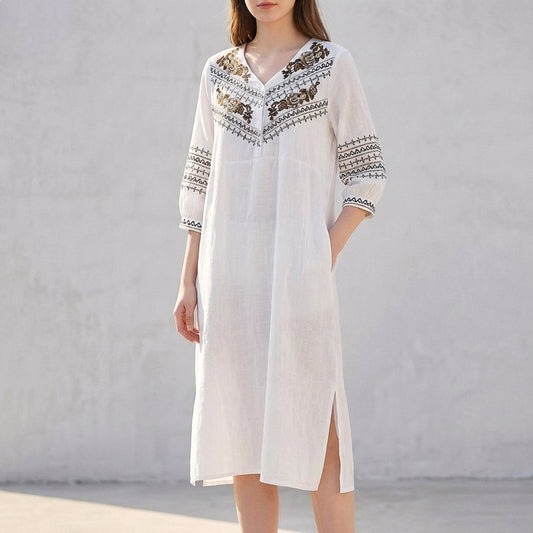 Women's Embroidered Midi Dress Split V-Neck - 
Fashinoza
