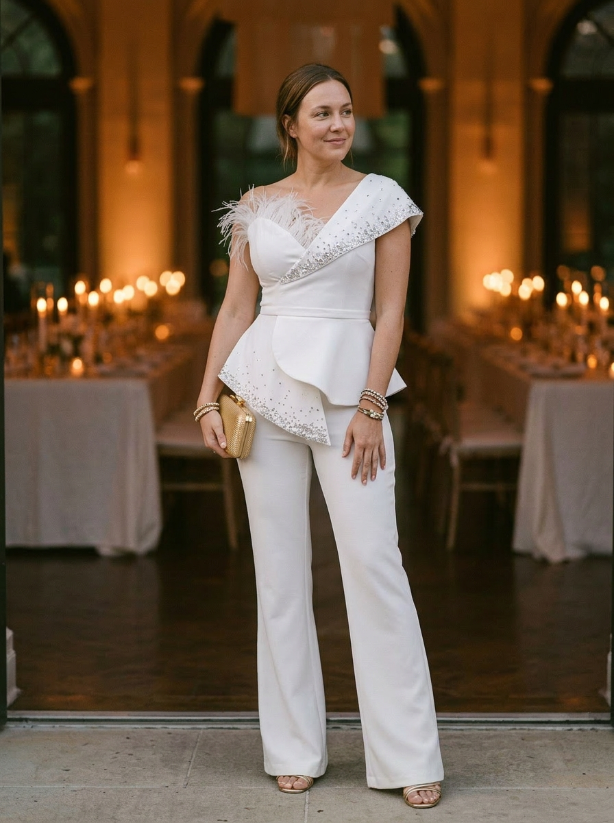 Women's Strapless Jumpsuit Peplum Waist Feather Detail - 
Fashinoza