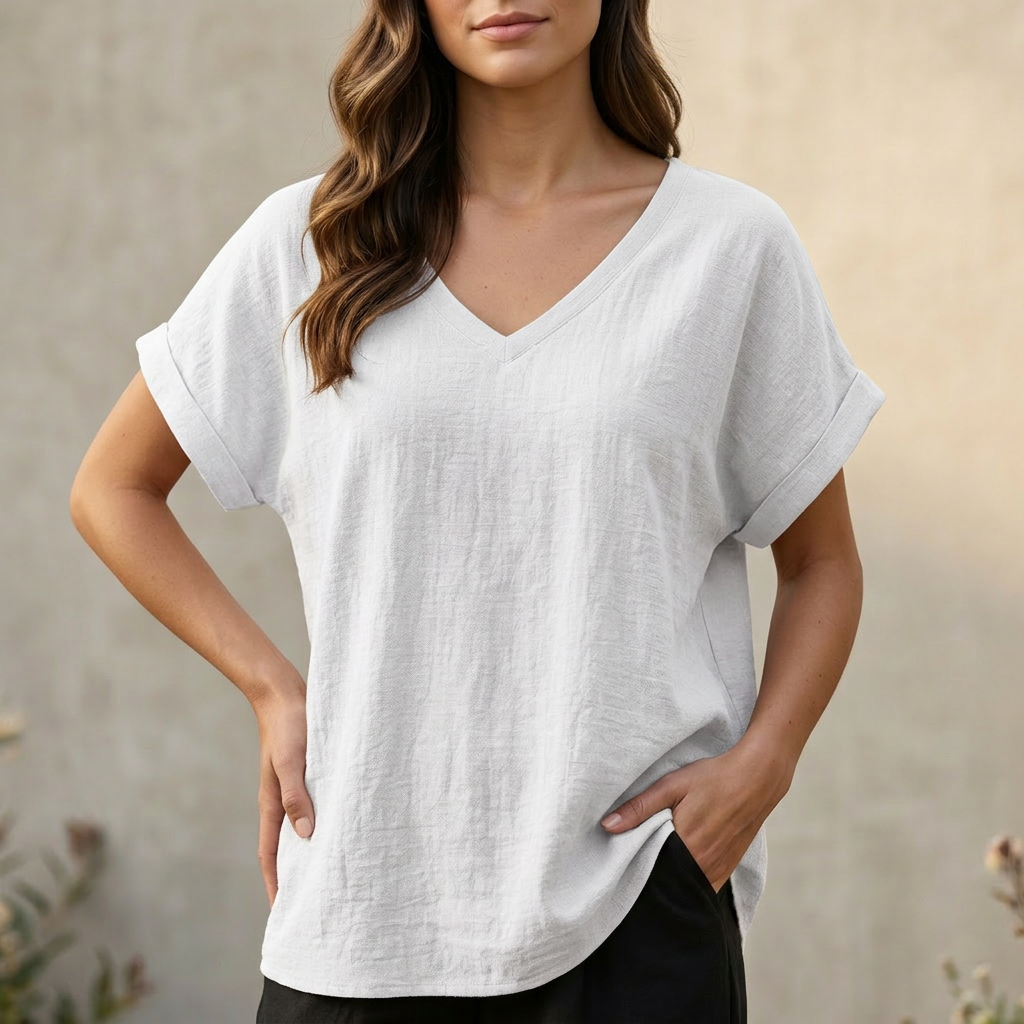 Women's V-Neck T-Shirt Relaxed Fit Asymmetrical Hem - 
Fashinoza