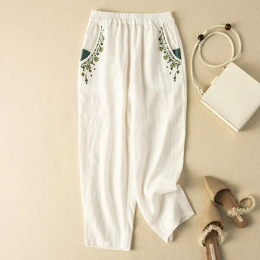Linen Harem Pants Relaxed Fit Ankle Length Embroidered - 
Fashinoza