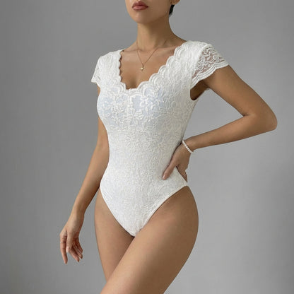 Women's Lace Bodysuit V-Neck Scalloped Trim - 
Fashinoza