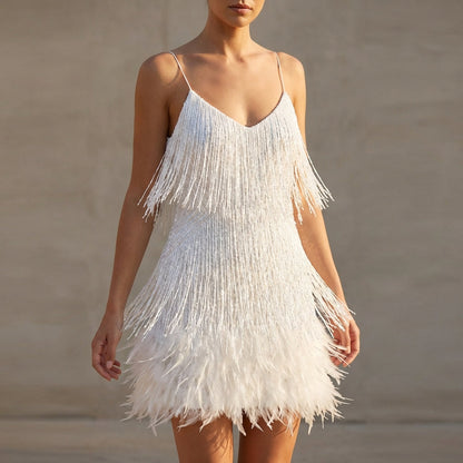Women's Fringe Mini Dress Feather Detail