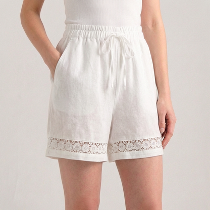 Women's Wide Leg Mini Shorts Lace Trim Drawstring Waist - 
Fashinoza