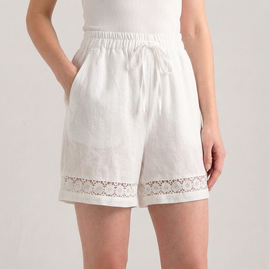 Women's Wide Leg Mini Shorts Lace Trim Drawstring Waist - 
Fashinoza