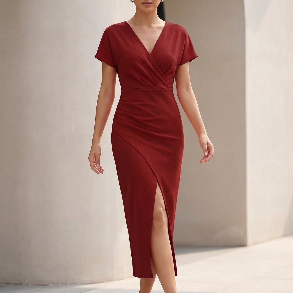 Women's Midi Wrap Dress Ruched Waist V-Neck