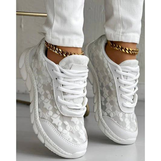 Women's Lace Up Sneakers Chunky Sole Lace Overlay Black - Fashinoza