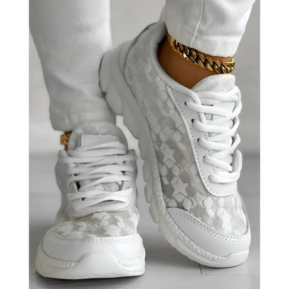 Women's Lace Up Sneakers Chunky Sole Lace Overlay Black