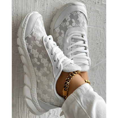 Women's Lace Up Sneakers Chunky Sole Lace Overlay Black