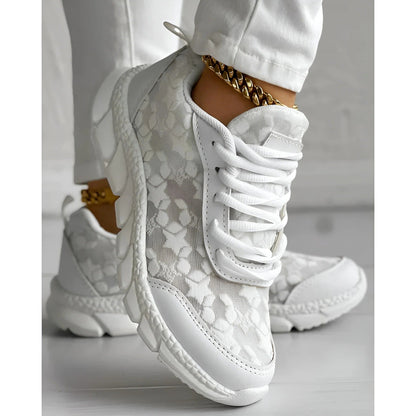 Women's Lace Up Sneakers Chunky Sole Lace Overlay Black