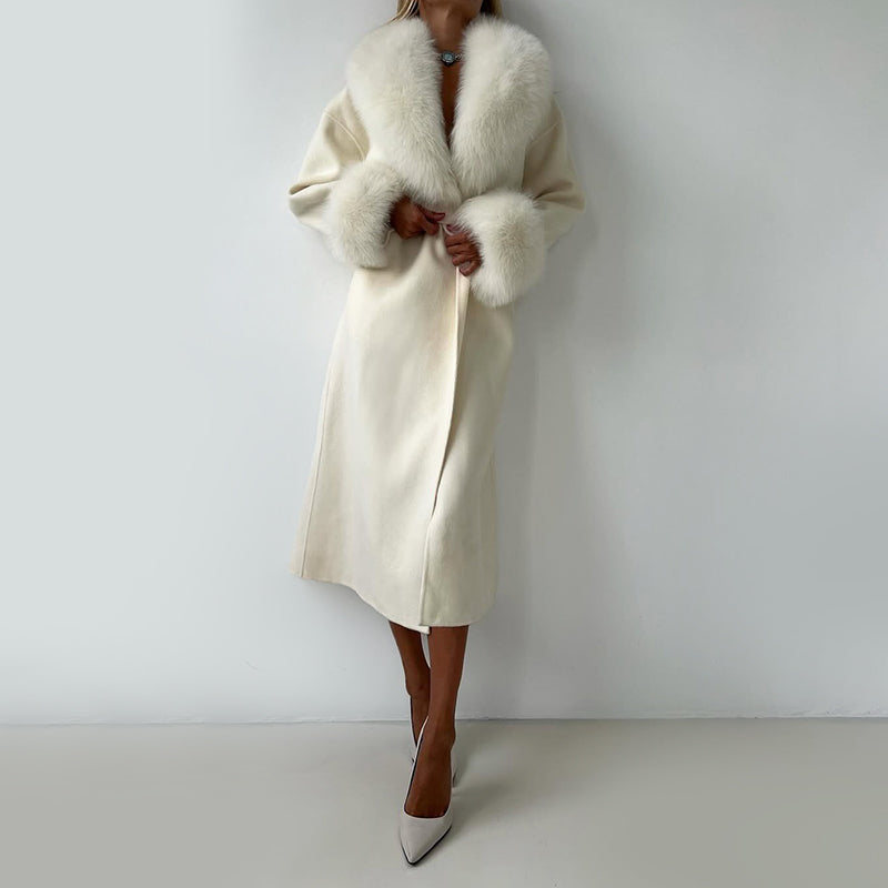 Women's Straight Fit Coat Belted Fur Trim Long Sleeve - 
Fashinoza