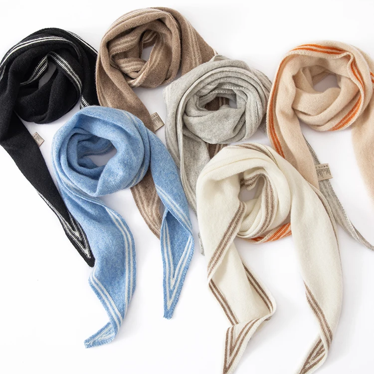 Women's Soft Warm Cashmere Scarf with Elegant Contrast Stripe Trim