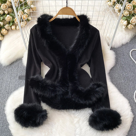 Women's Ribbed Knit Faux Fur Trim - Fashinoza