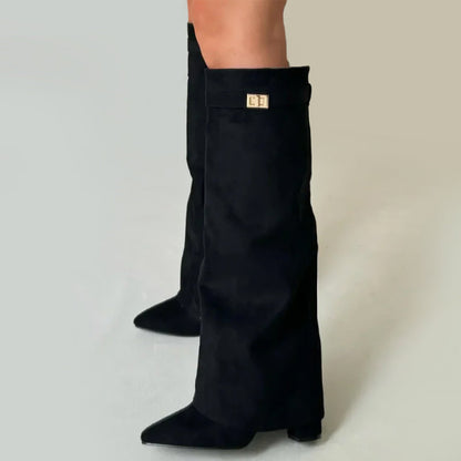 Women's Suede Knee-High Boots Fold-Over Cuff Buckle Detail