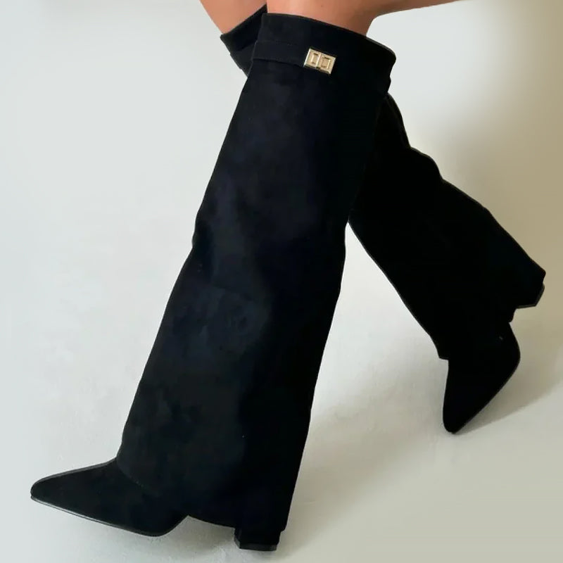 Women's Suede Knee-High Boots Fold-Over Cuff Buckle Detail - 
Fashinoza