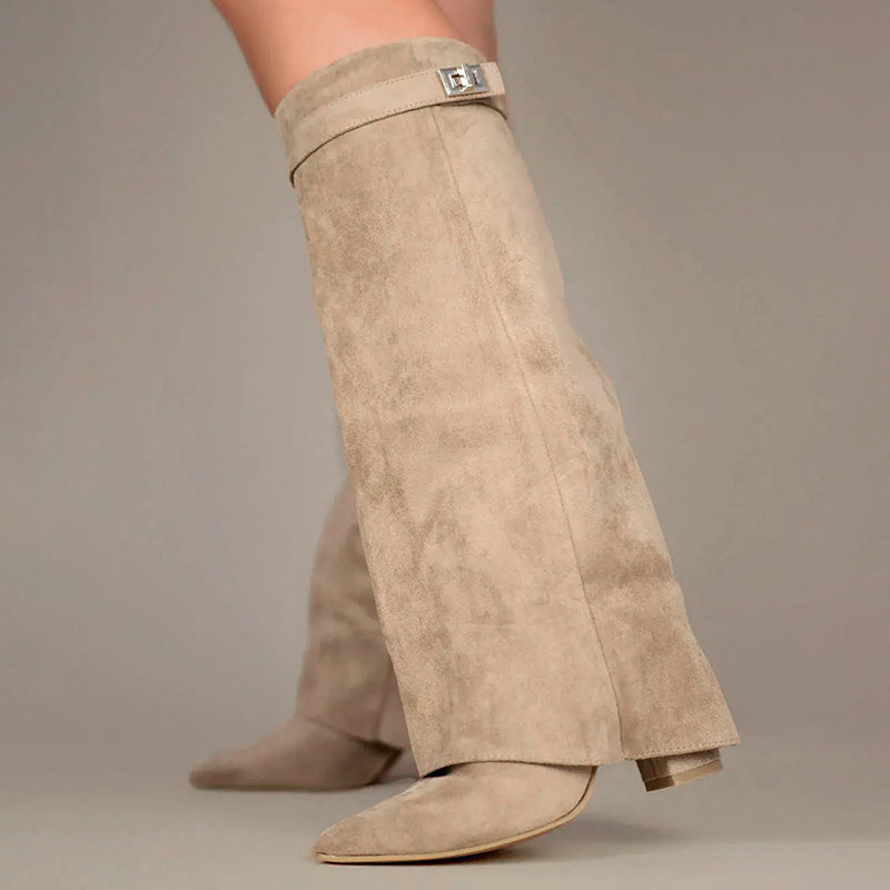 Women's Suede Knee-High Boots Fold-Over Cuff Buckle Detail