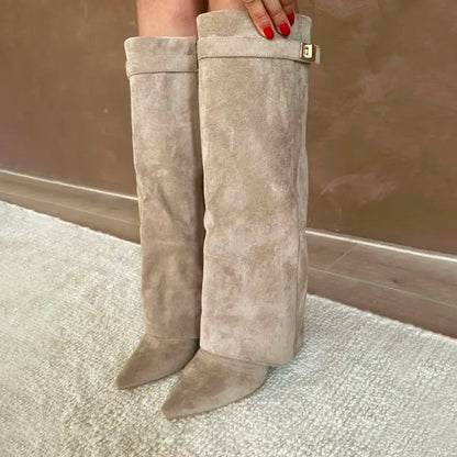 Women's Suede Knee-High Boots Fold-Over Cuff Buckle Detail