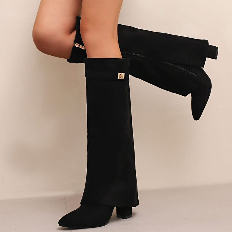 Women's Suede Knee-High Boots Fold-Over Cuff Buckle Detail