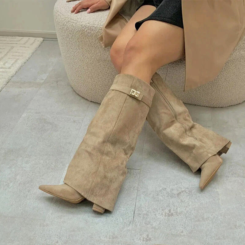 Women's Suede Knee-High Boots Fold-Over Cuff Buckle Detail