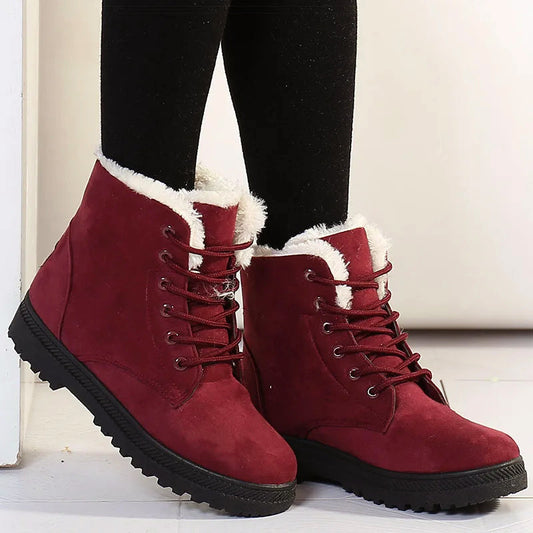 Women's Faux Fur Lined Ankle Boots Lace-Up Winter Black - Fashinoza