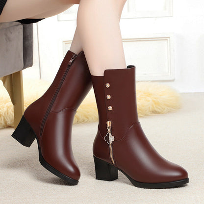 Elegant Women's Mid-Calf Leather Boots: Plush Lining, Block Heel, Winter Warmth
