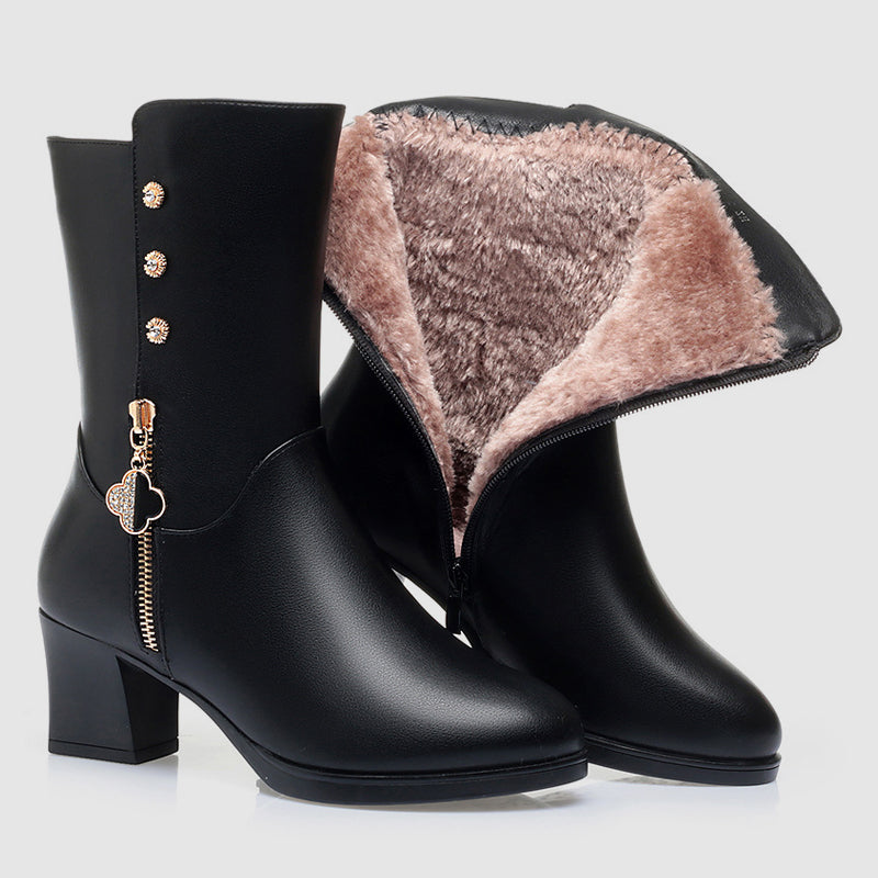 Women's Leather Mid-Calf Boots Plush Lining Block Heel Brown - Fashinoza
