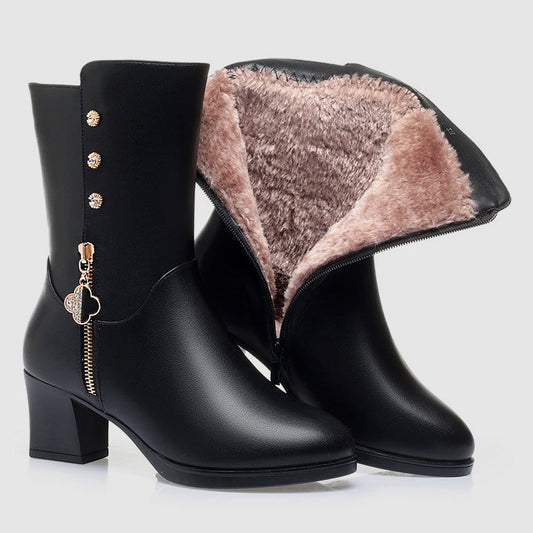 Women's Leather Mid-Calf Boots Plush Lining Block Heel Brown - Fashinoza