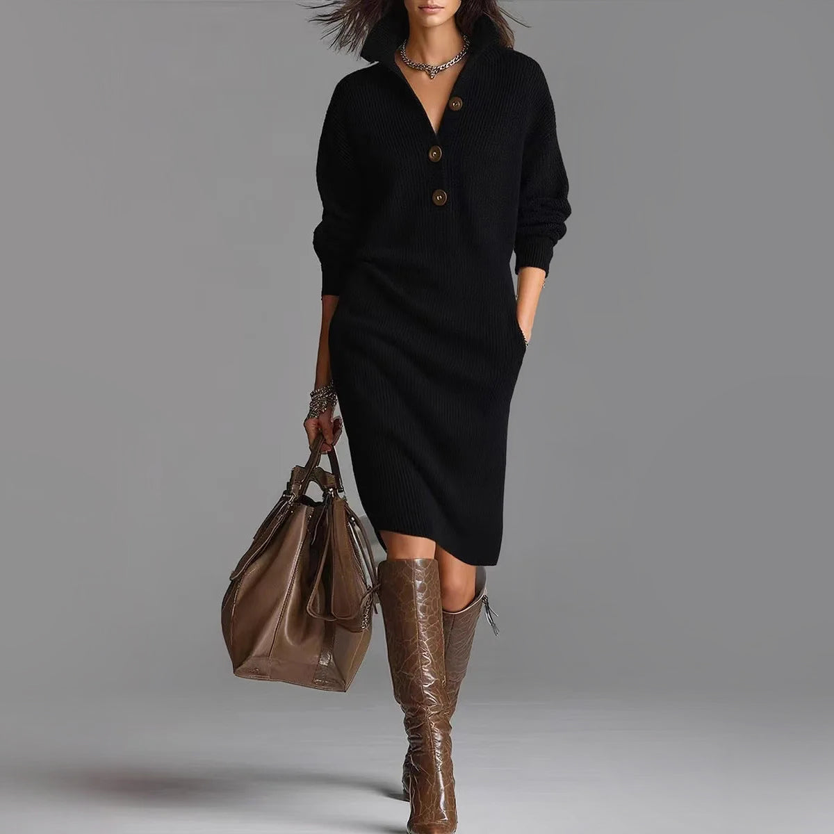 Women's Slim Fit Sweater Dress Ribbed Collared Midi Length