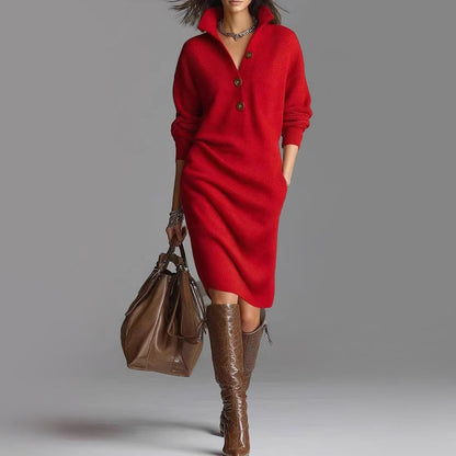 Women's Slim Fit Sweater Dress Ribbed Collared Midi Length