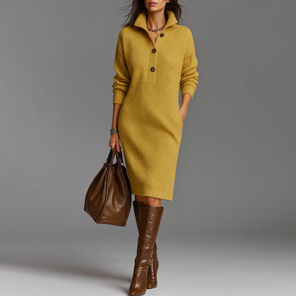 Women's Slim Fit Sweater Dress Ribbed Collared Midi Length