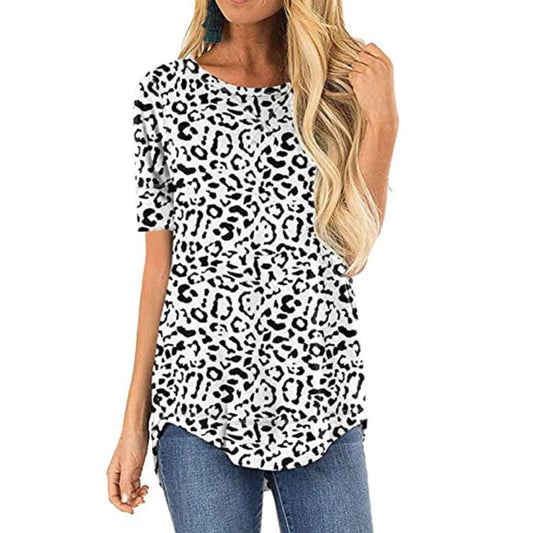 Women's Leopard Print Short Sleeve Crew Neck T-Shirt - Fashinoza