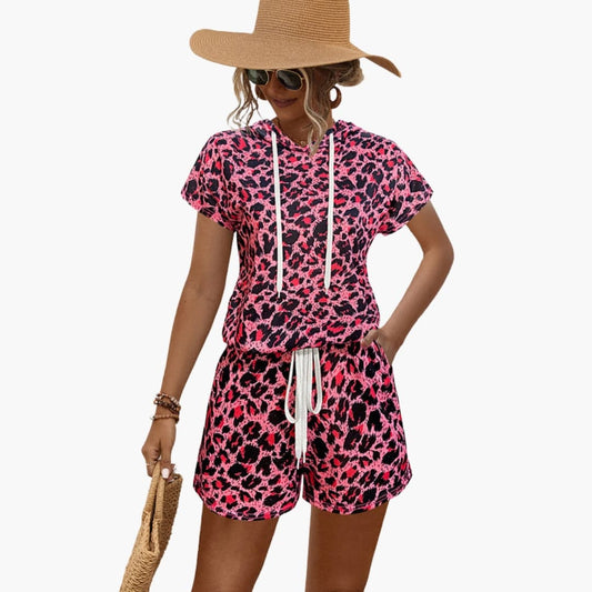 Women's Animal Print Hooded And Shorts Set - Fashinoza