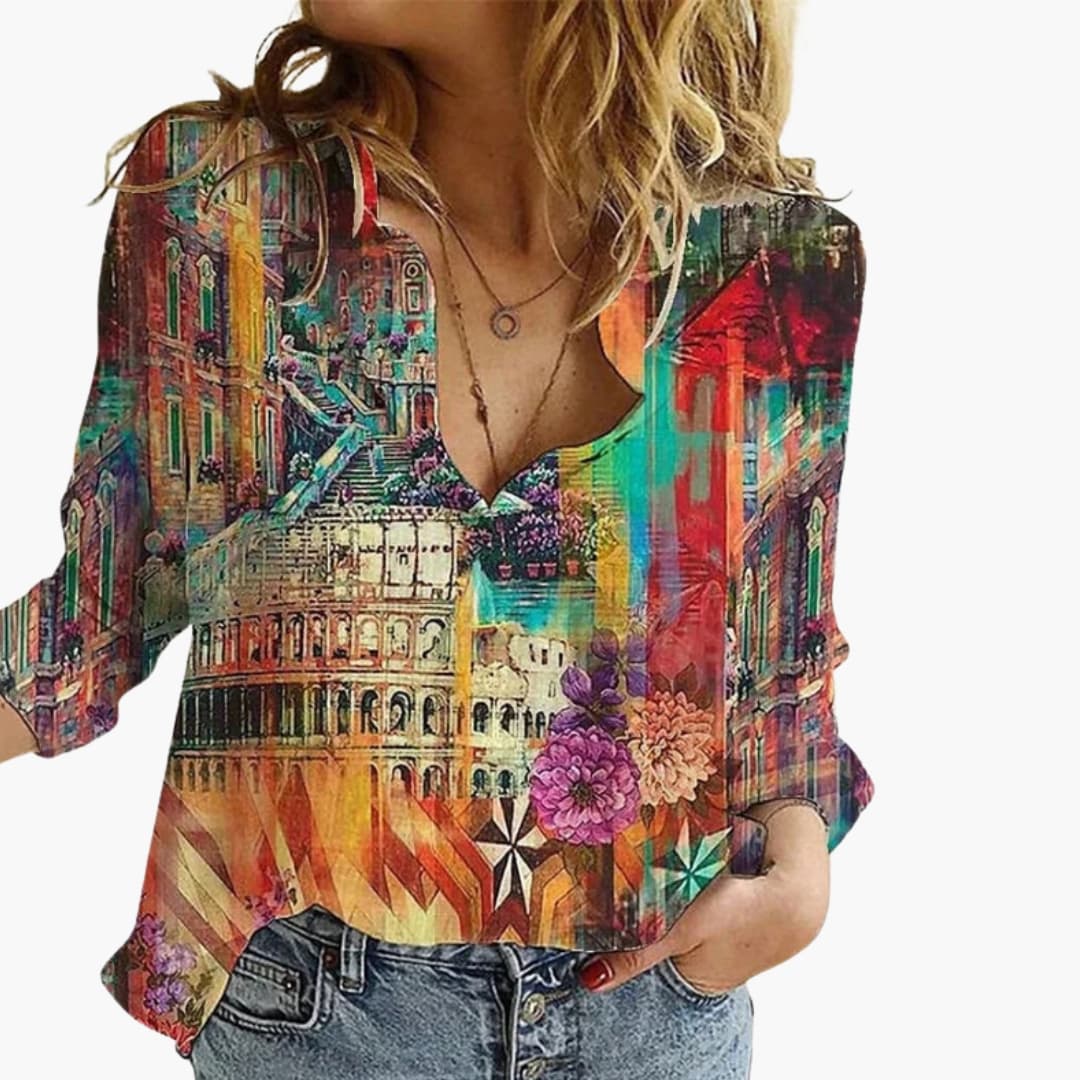 Women's V-Neck Long Sleeve Blouse Artistic Print - Fashinoza