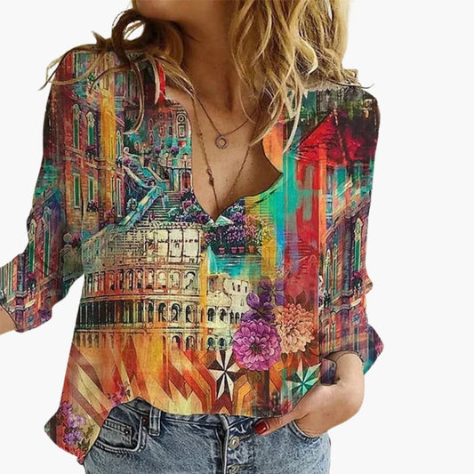 Women's V-Neck Long Sleeve Blouse Artistic Print - Fashinoza