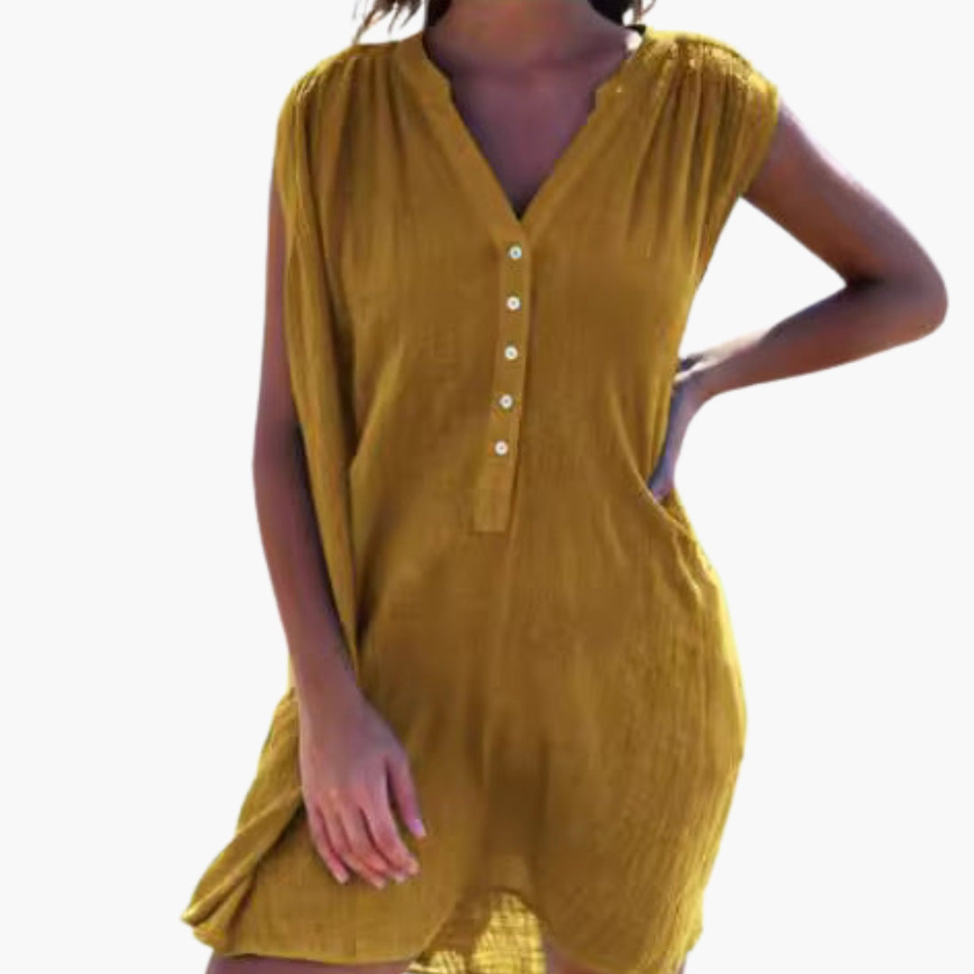 Women's V Neck Beach Dress Button Front