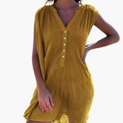 Women's V Neck Beach Dress Button Front