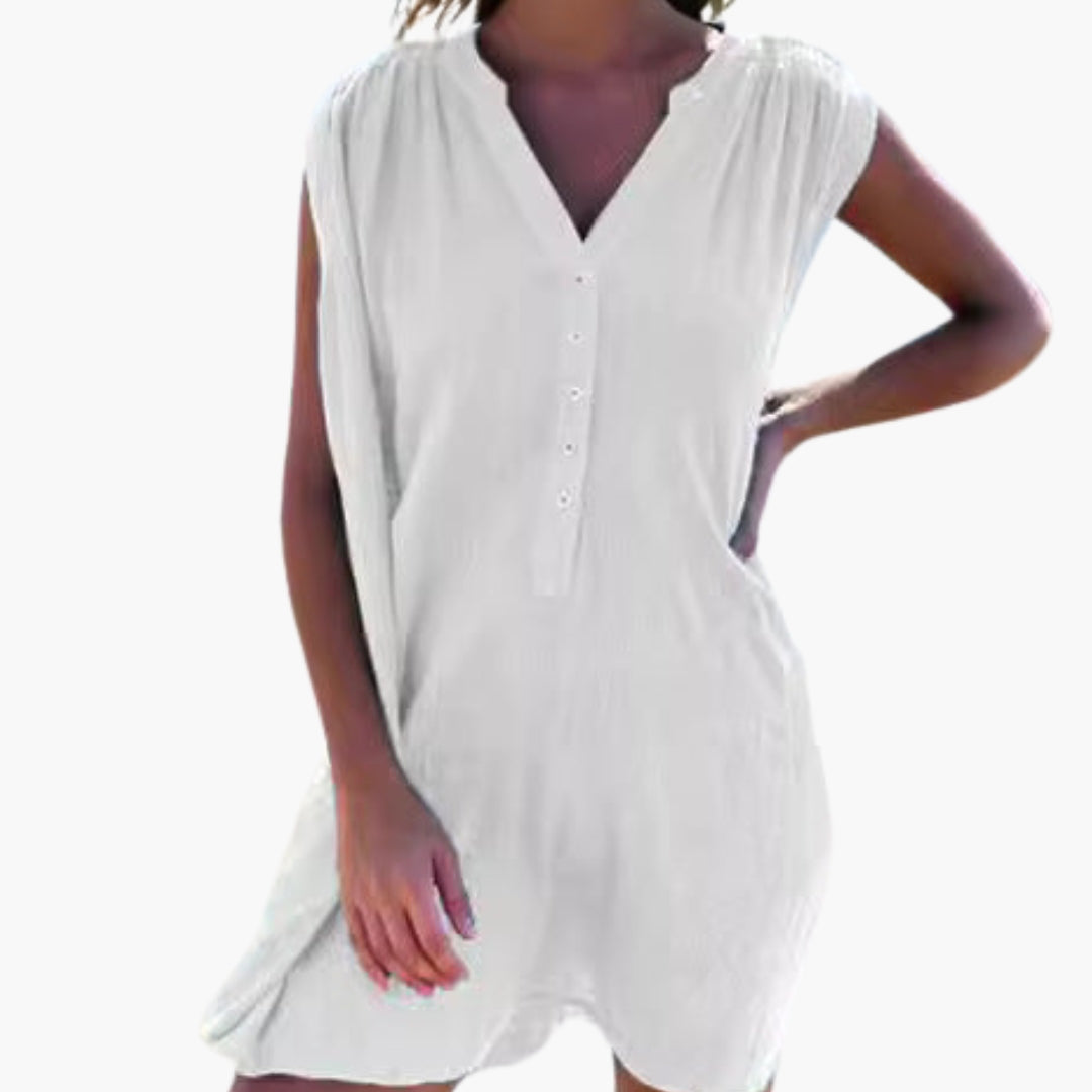 Women's V Neck Beach Dress Button Front - Fashinoza