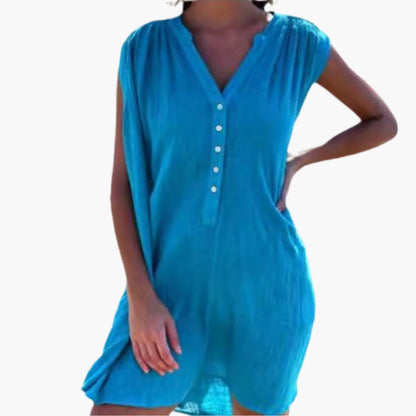 Women's V Neck Beach Dress Button Front