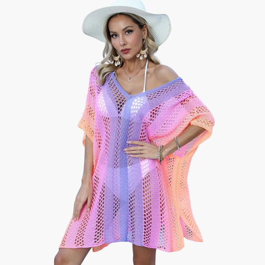 Women's V Neck Open Knit Beach Dress - Fashinoza