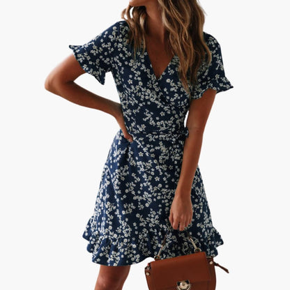 Women's V Neck Ruffle Hem Beach Dress - Fashinoza
