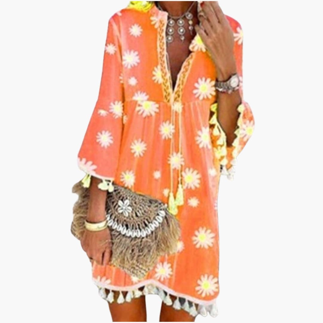 Women's V Neck Tassel Hem Beach Dress - Fashinoza