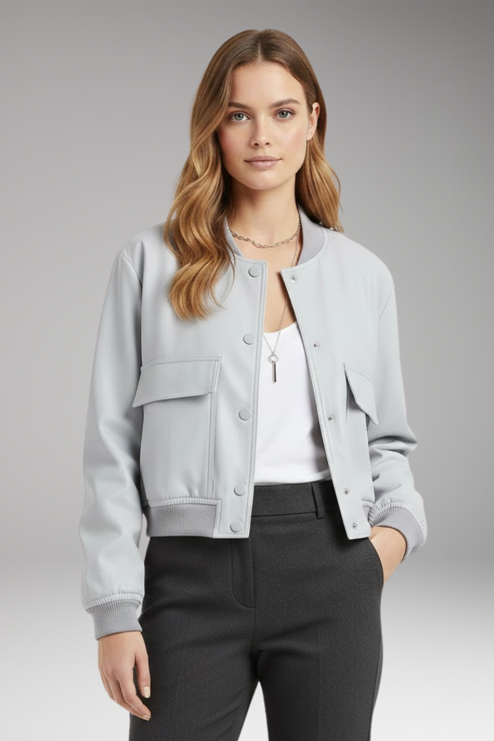 Women's Bomber Jacket Button Closure Pockets