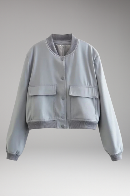 Women's Bomber Jacket Button Closure Pockets - 
Fashinoza